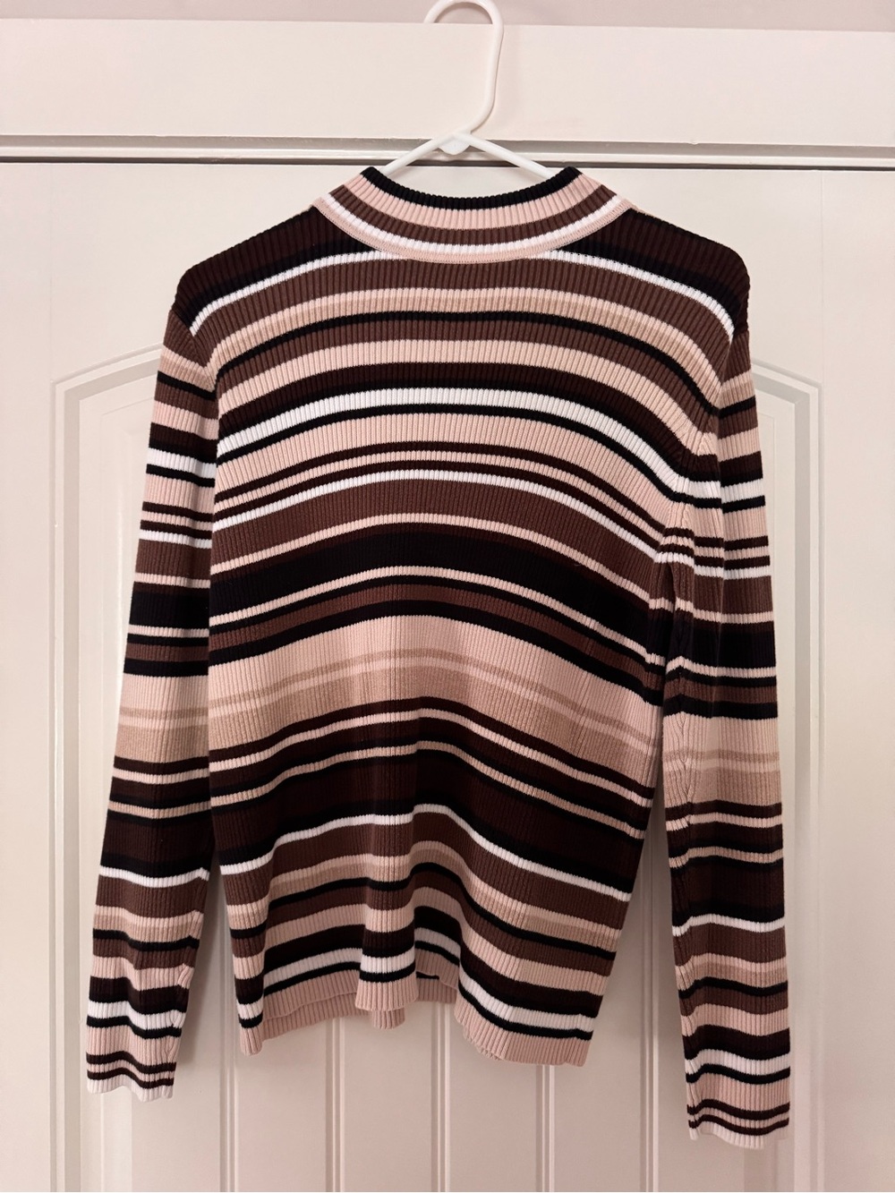 Karen Scott Striped Rib-Knit Turtleneck Sweater in Pink, Brown & Black